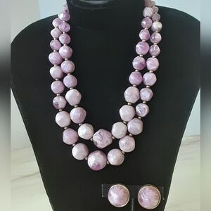 KRAMER Beaded Chunky Lavender Cream Marbled Acrylic Double Strand Set  20" Vtg